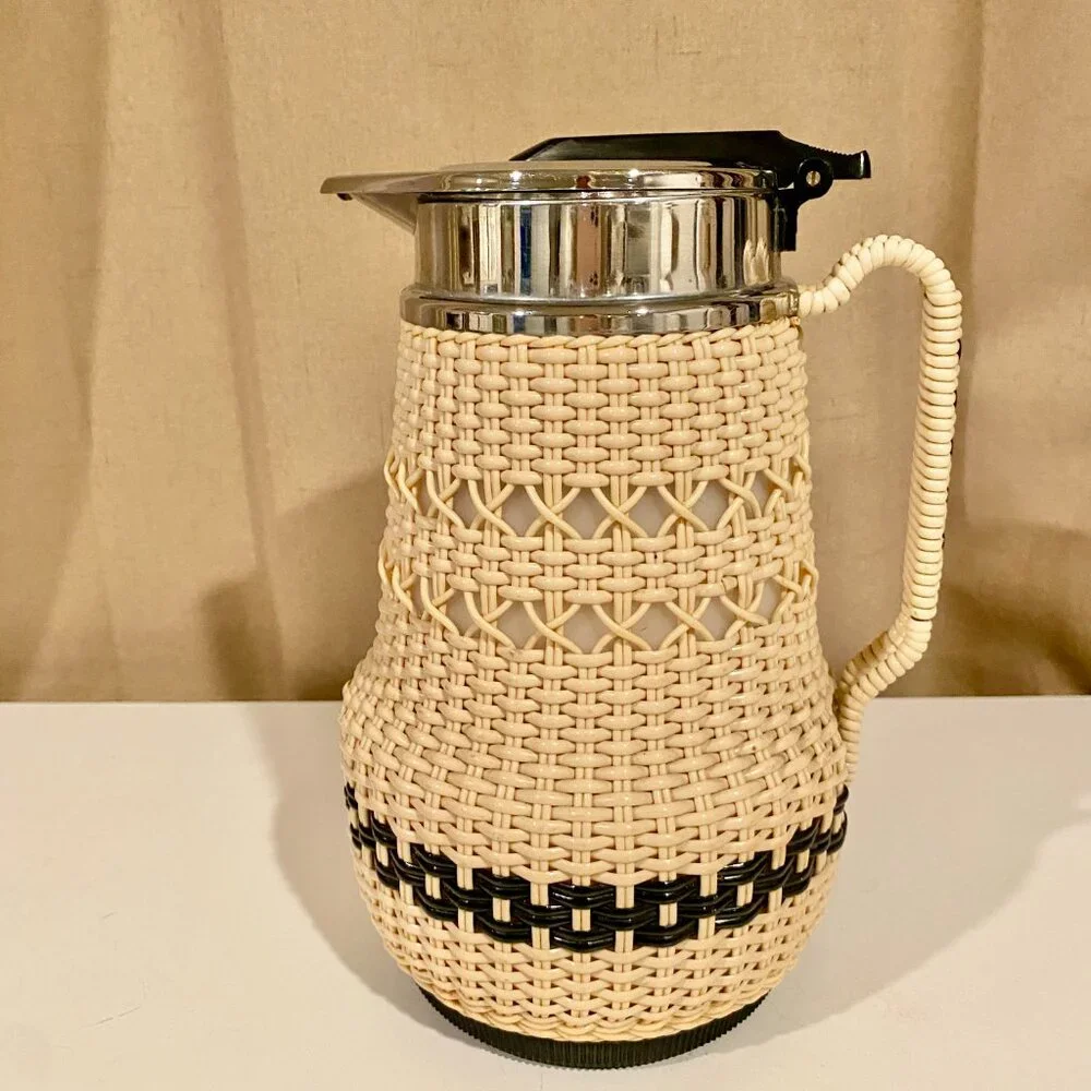 Vintage AB Termoverken Rattan Thermos Pitcher Sweden Cream & Black‎ MCM